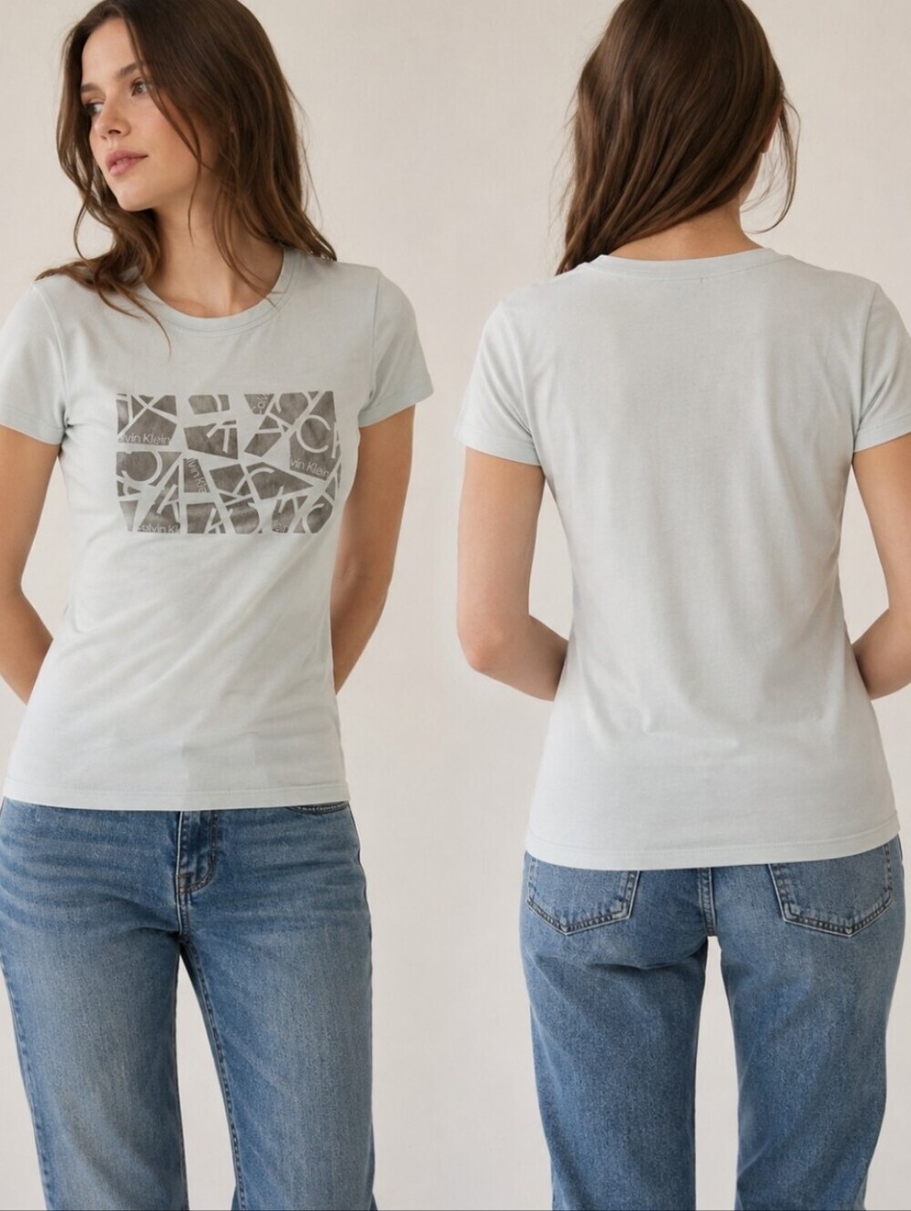 Calvin Klein Women’s Abstract Logo Graphic Tee Pale Blue Size S Y2K